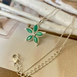 925 Sterling Silver Marquise Flower Emerald Pendant with chain “RoyalDelicacies”
